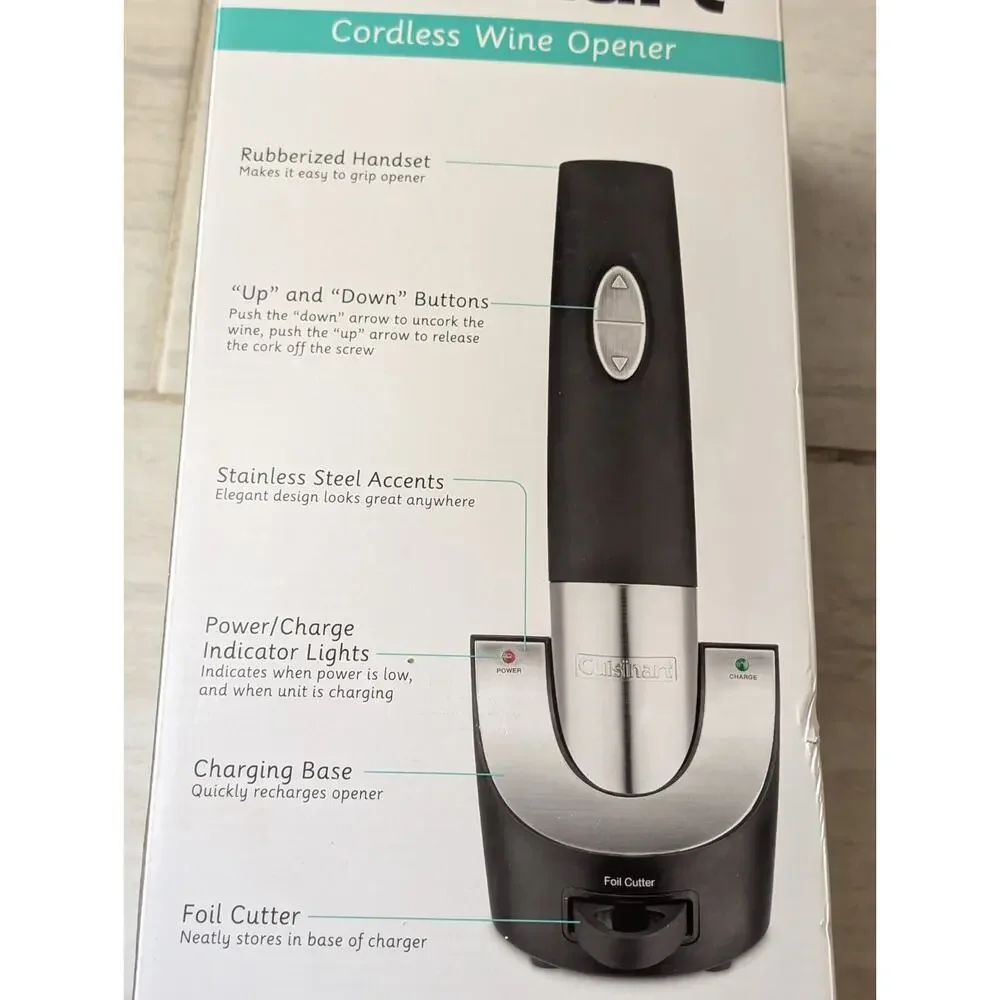 Cuisinart Cordless Wine Opener Black & Silver Rechargable New In The Box